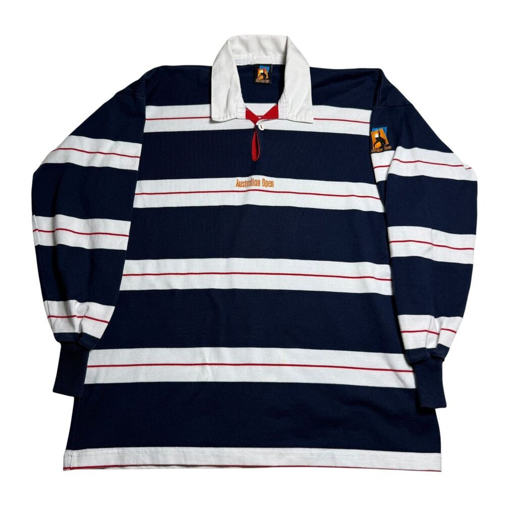 Australian Open Brand Mens Rugby Polo Large Stripe Navy Blue Sporty Preppy